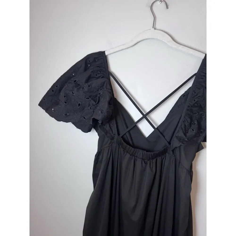 En Saison Barnette Black Midi Dress Eyelet Sleeves Size XS Pockets NWT